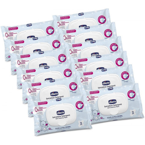 Chicco Salviettine baby detergenti 12 confezioni da 72 Pezzi con apertura rigida
