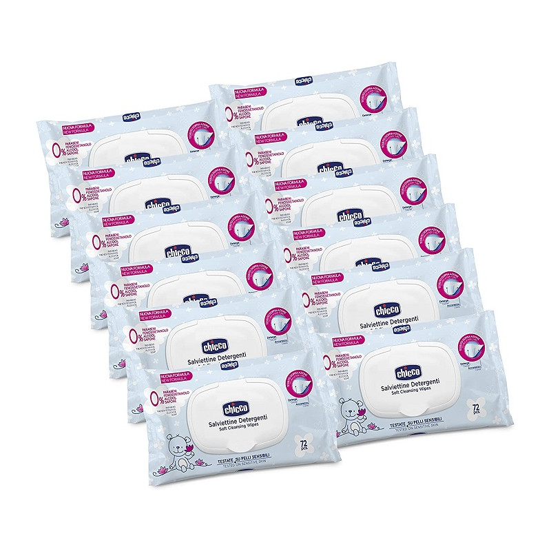 Chicco Salviettine baby detergenti 12 confezioni da 72 Pezzi con apertura rigida