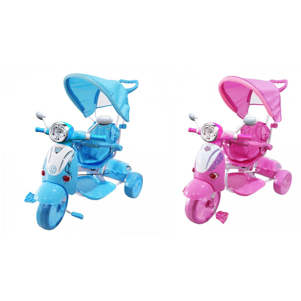 Triciclo Vespina blu per bambini con pedali suoni parasole e maniglione 