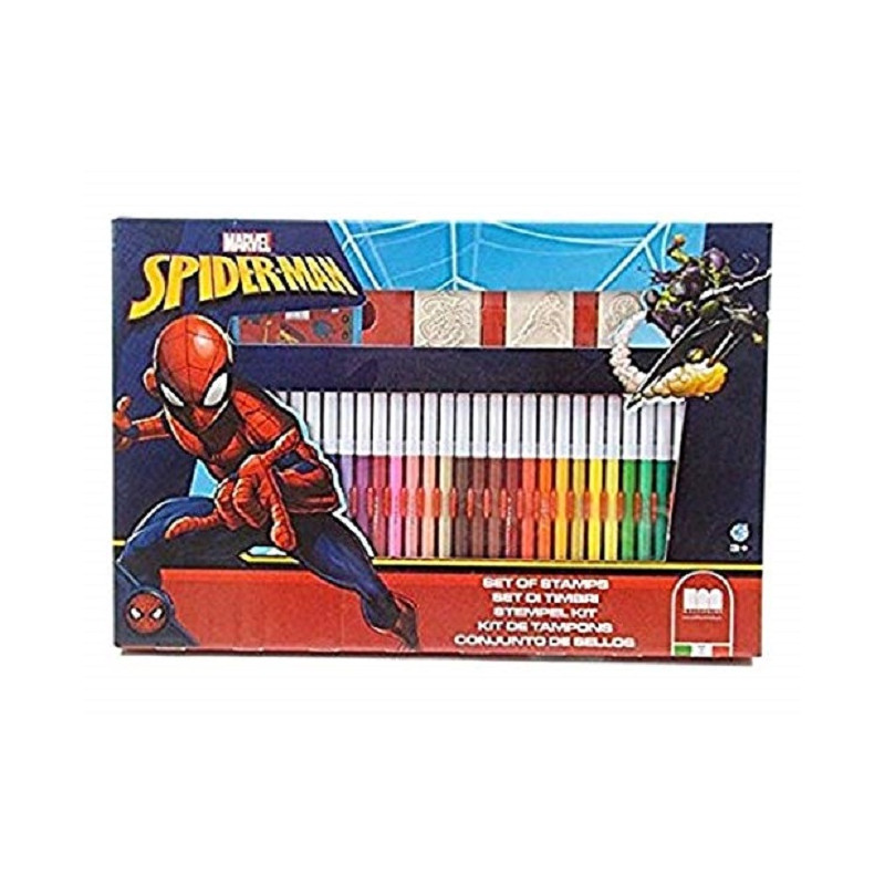 Multiprint Set 3 Timbri Spiderman per Bambini e 36 Pennarelli Colorati