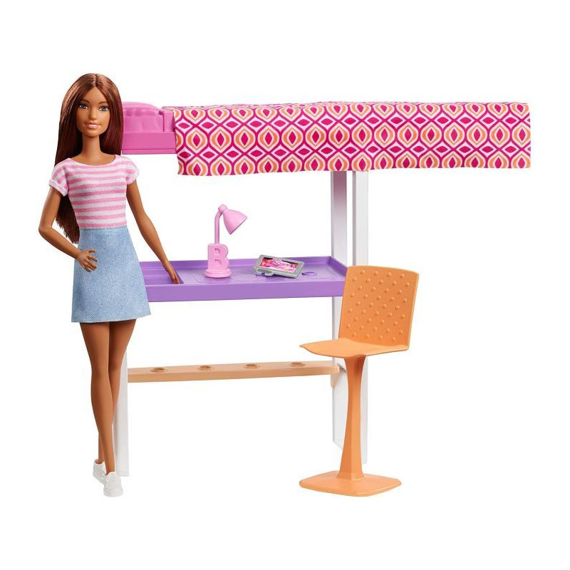 Barbie Playset Camera da Letto Bambola Brunette con Letto Scrivania e Accessori Giocattolo per Bambi