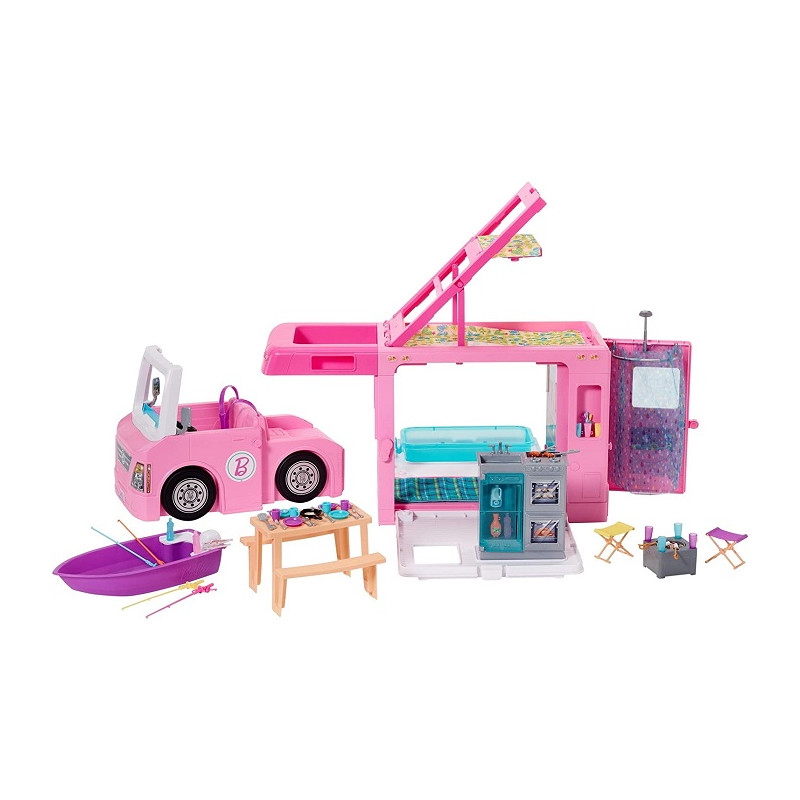 Barbie GHL93 Camper dei Sogni 3 in 1 Playset con 3 Veicoli e 50 Accessori 3+ Anni