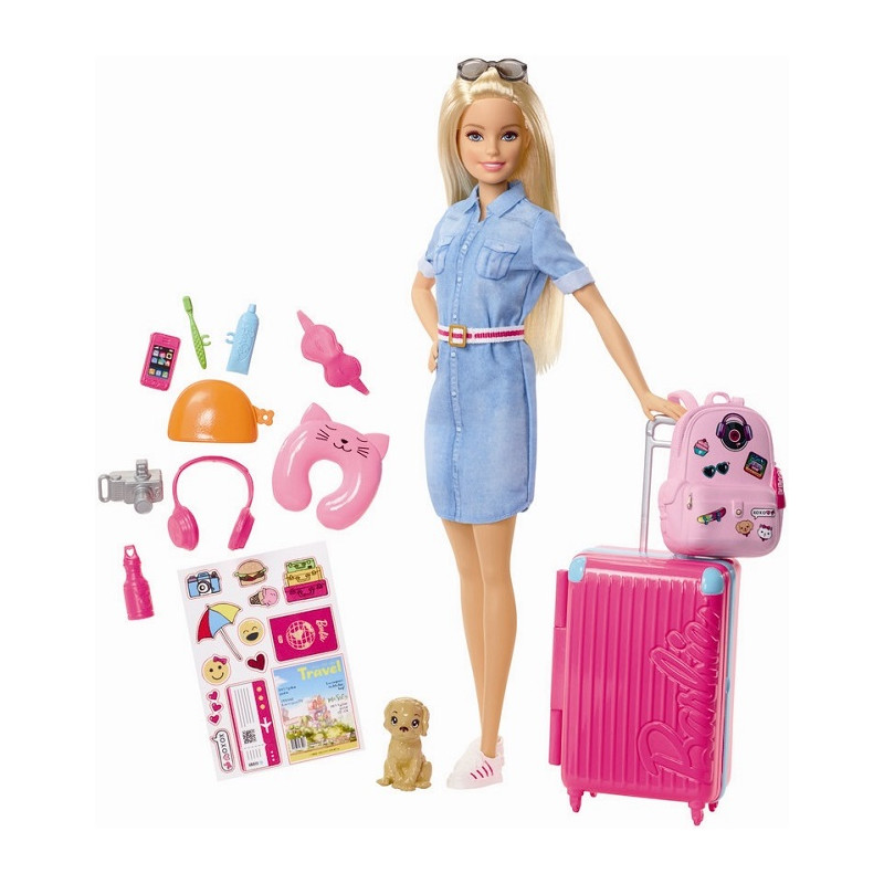 Barbie in Viaggio FWV25 Bambola Bionda con Cucciolo Adesivi e Accessori