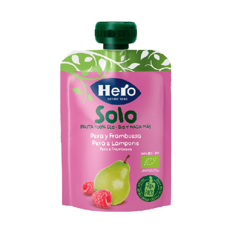 Hero Solo Frutta Frullata 100% BIO, Pera e Lamponi 4 Confezioni da 100 g