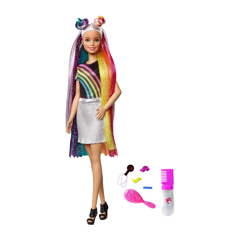 Barbie FXN96 Bambola con Capelli Lunghi Arcobaleno e Tanti Accessori 3 + Anni