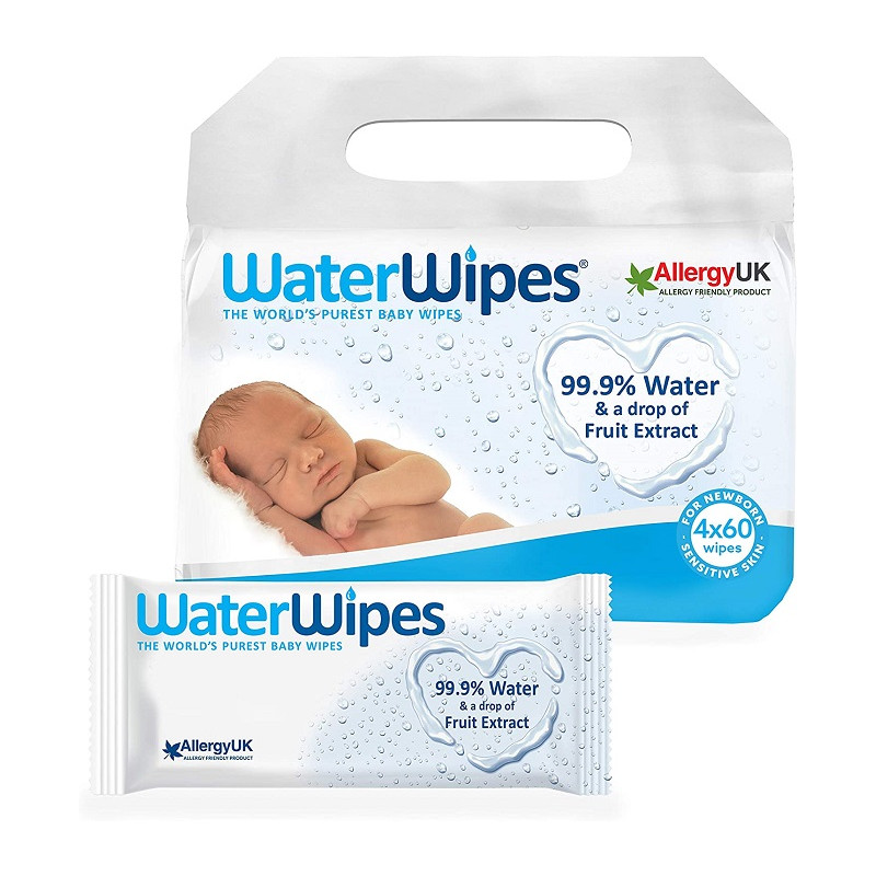 WaterWipes Salviettine Umidificate per la pelle sensibile dei bambini 4 Confezioni da 60Pezzi