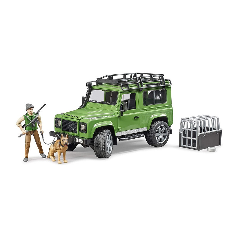Bruder Land Rover Defender Station Wagon con guardia forestale e cane