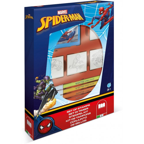 Multiprint- Spider-Man 27817-Confezione 4 Timbri, 7 Pennarelli