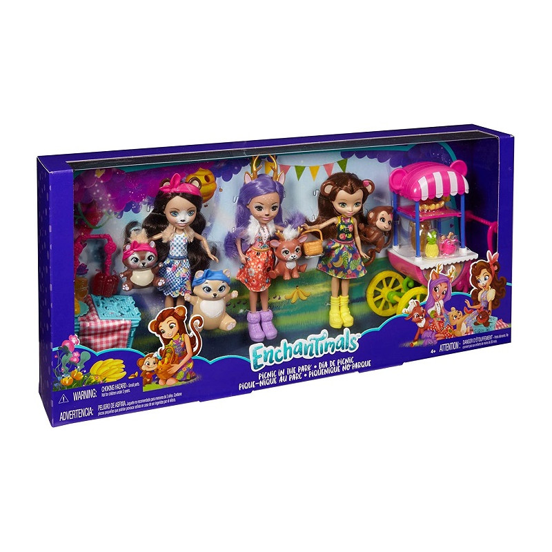 Enchantimals Playset Merenda al Parco, Include 3 Bambole con Cuccioli e Accessori