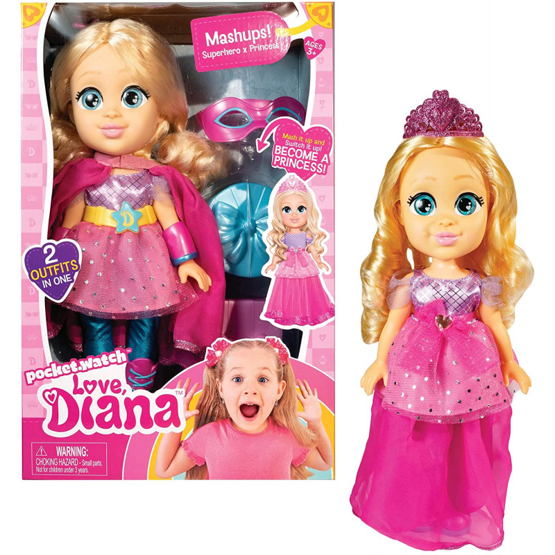 Love Diana Bambola con Vestito Trasformabile da Principessa in Eroina e Accessori di Gioco per le Av