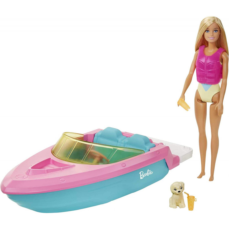 Barbie Playset con Bambola Bionda Motoscafo Galleggiante Cucciolo e Accessori