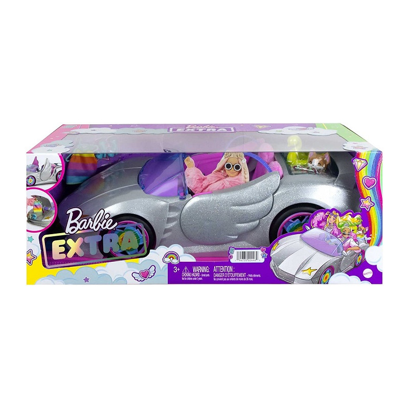 Mattel  Barbie Extra Cabrio Bambola con Auto Argentata e Cagnolino