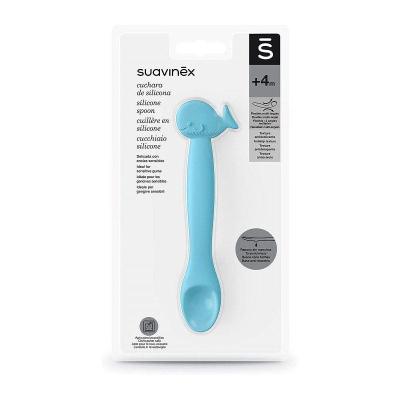 Suavinex Cucchiaio Silicone Per Bambini +4 Mesi Flessibile Gengive Sensibili Fantasia Balena Azzurro