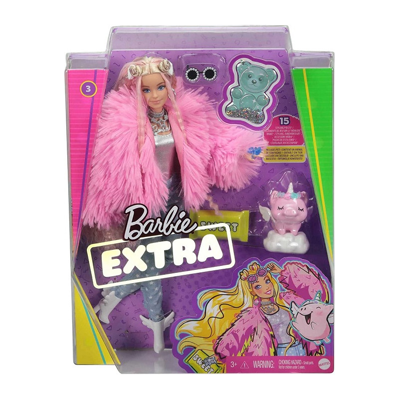 Mattel Barbie Extra Bambola Snodata con Pelliccia Rosa e Maialino-Unicorno