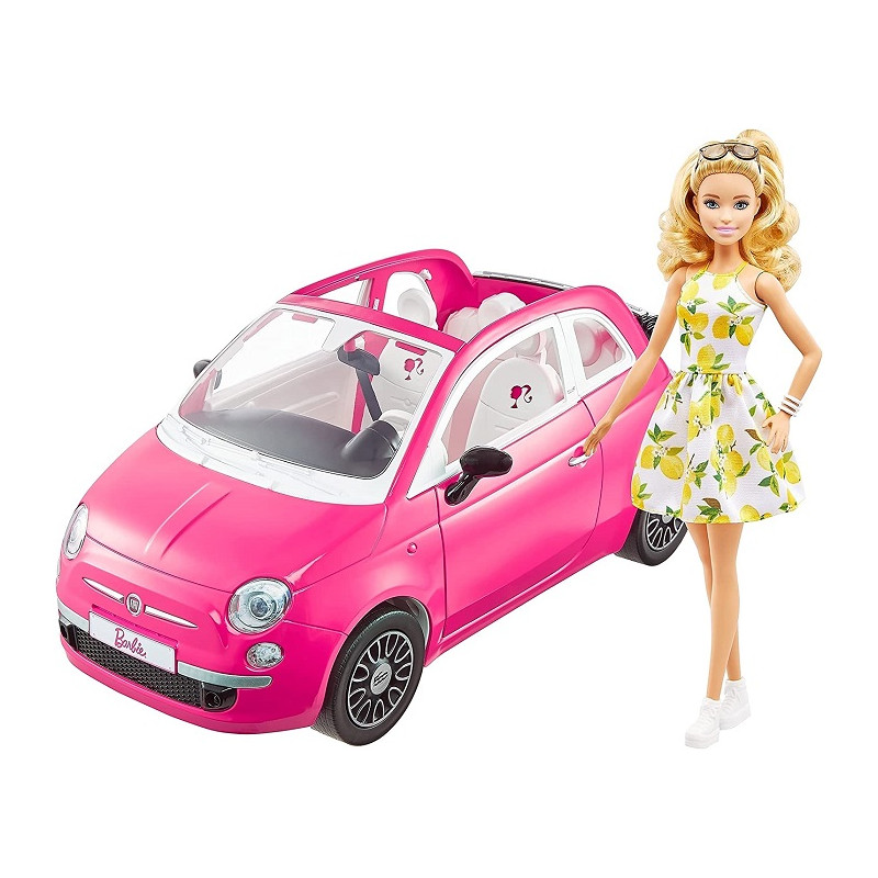 Barbie Bambola e Fiat 500, Veicolo Rosa a 4 Posti con Accessori
