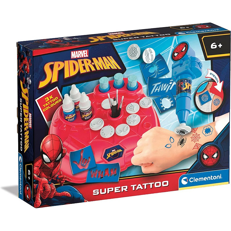 Clementoni Marvel Spiderman Super Kit Temporanei, Banchetto con Penna per Tattoo