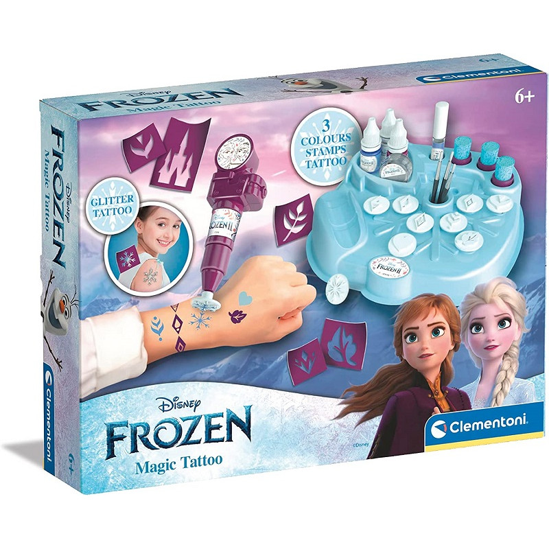 Clementoni-125 3 Disney Frozen 2-Magic Kit Temporanei, Banchetto con Penna per Tattoo