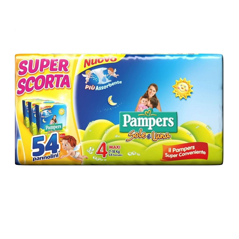 Pampers Sole e Luna Pannolini Maxi Bambini Taglia 4 (7-18 kg) Offerta Tripack 54 Pannolini